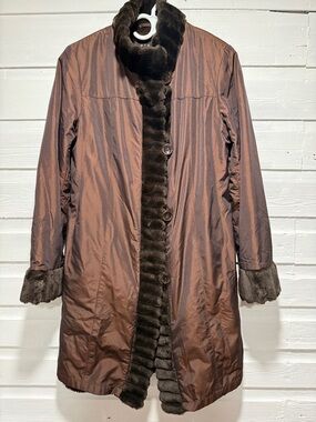 Vintage giacca iridescent Brown Faux Fur-Trim Coat